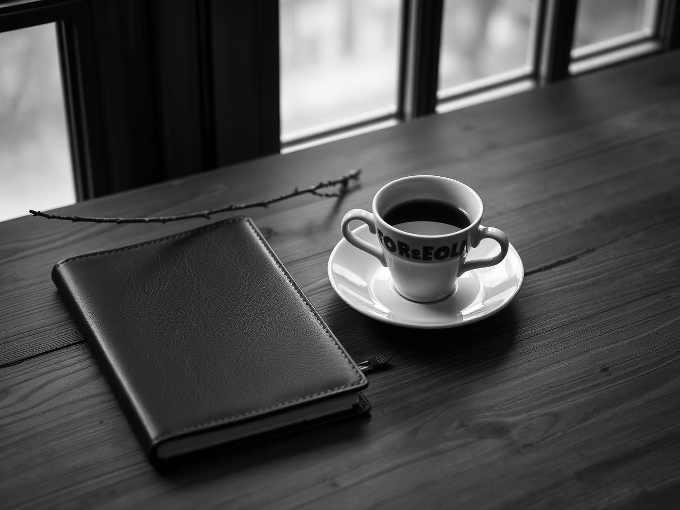 Mesa de madeira com xícara de café, caderno e caneta, fotografia em preto e branco.